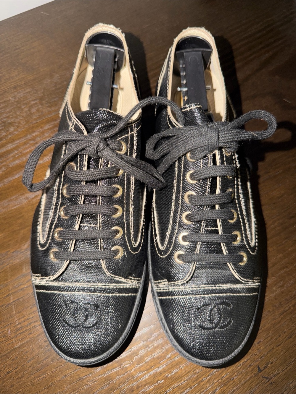 CHANEL Black Canvas CC Logo Lace-Up Sneakers with Cream Stitching